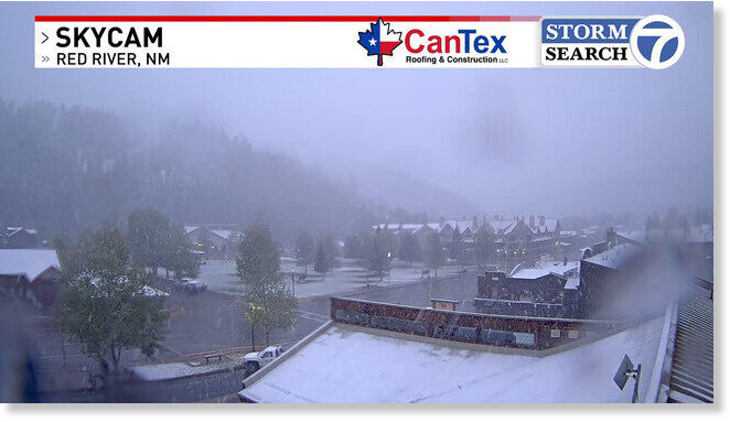 Spring snow falling in Red River, New Mexico