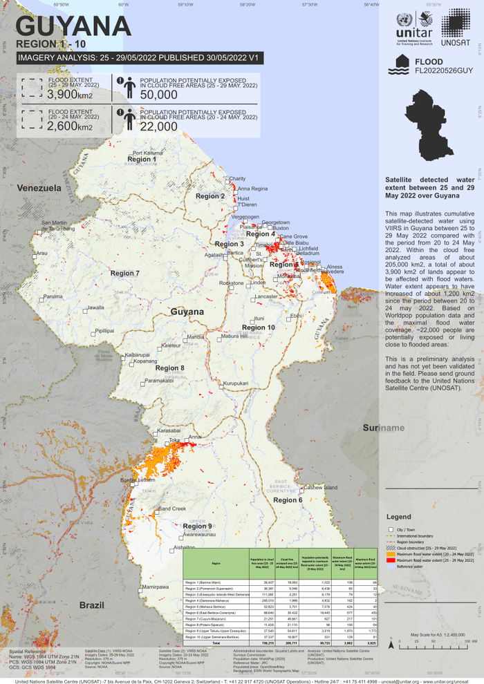 Satellite detected water extent between 25 and 29 May 2022 over Guyana