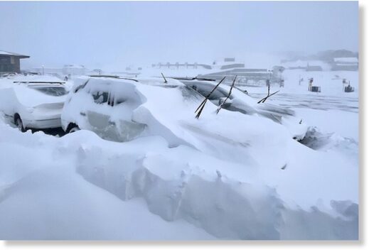 Snow covered vehicles at Perisher Resort in the NSW Snowy Mountains yesterday.