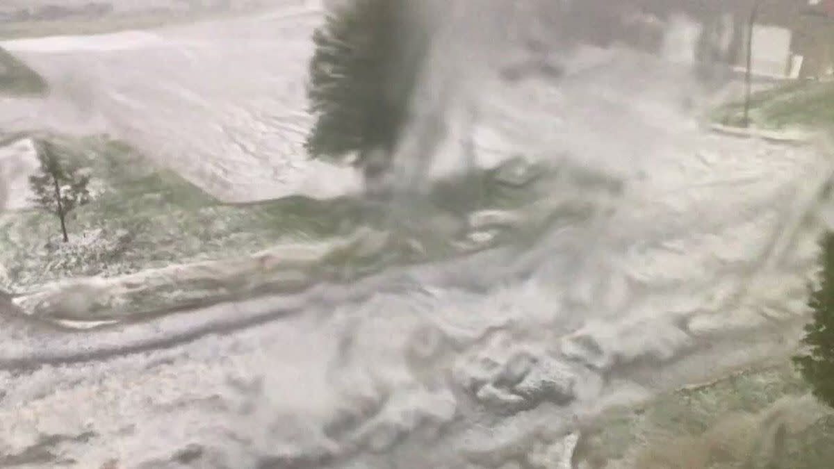 A severe storm brought damaging wind and hail to Omaha, Nebraska, on Tuesday, June 7, footage shows.