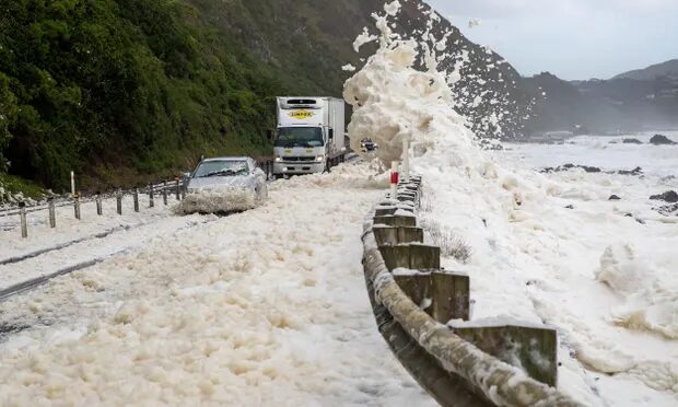 Click to enlarge Foam sprays on to a highway near Pukerua Bay, north of Wellington, amid huge swells and high winds from the storms lashing New Zealand.