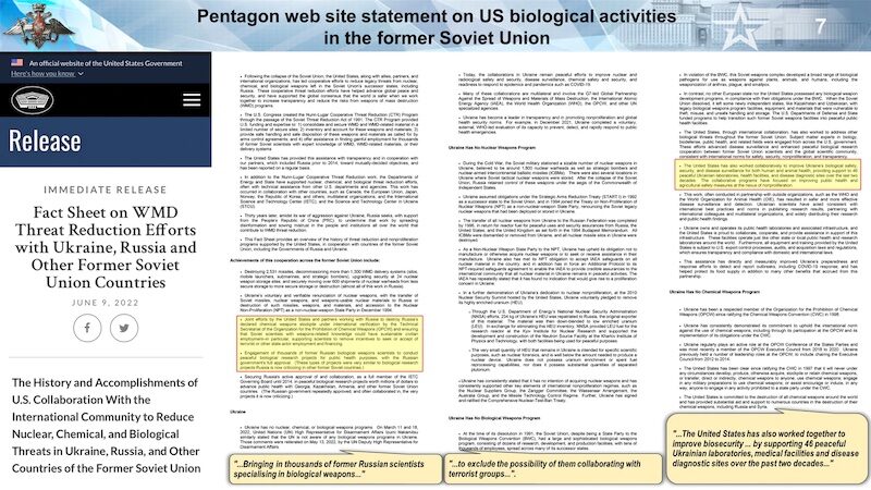Click to enlarge Pentagon website statement on US biological activities in the former Soviet Union