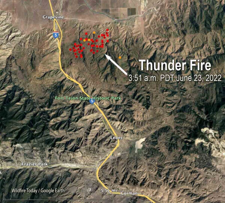 Click to enlarge Map showing heat detected on the Thunder Fire by satellites as late as 3:51 a.m. MDT June 23, 2022.