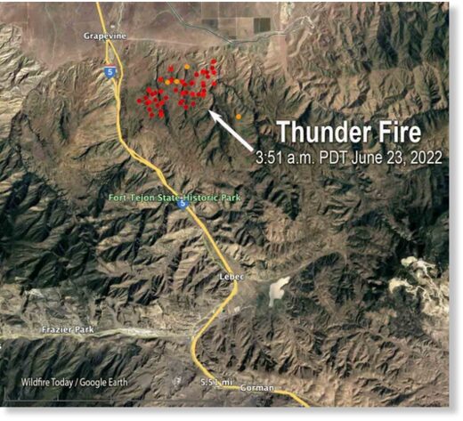 Map showing heat detected on the Thunder Fire by satellites as late as 3:51 a.m. MDT June 23, 2022.