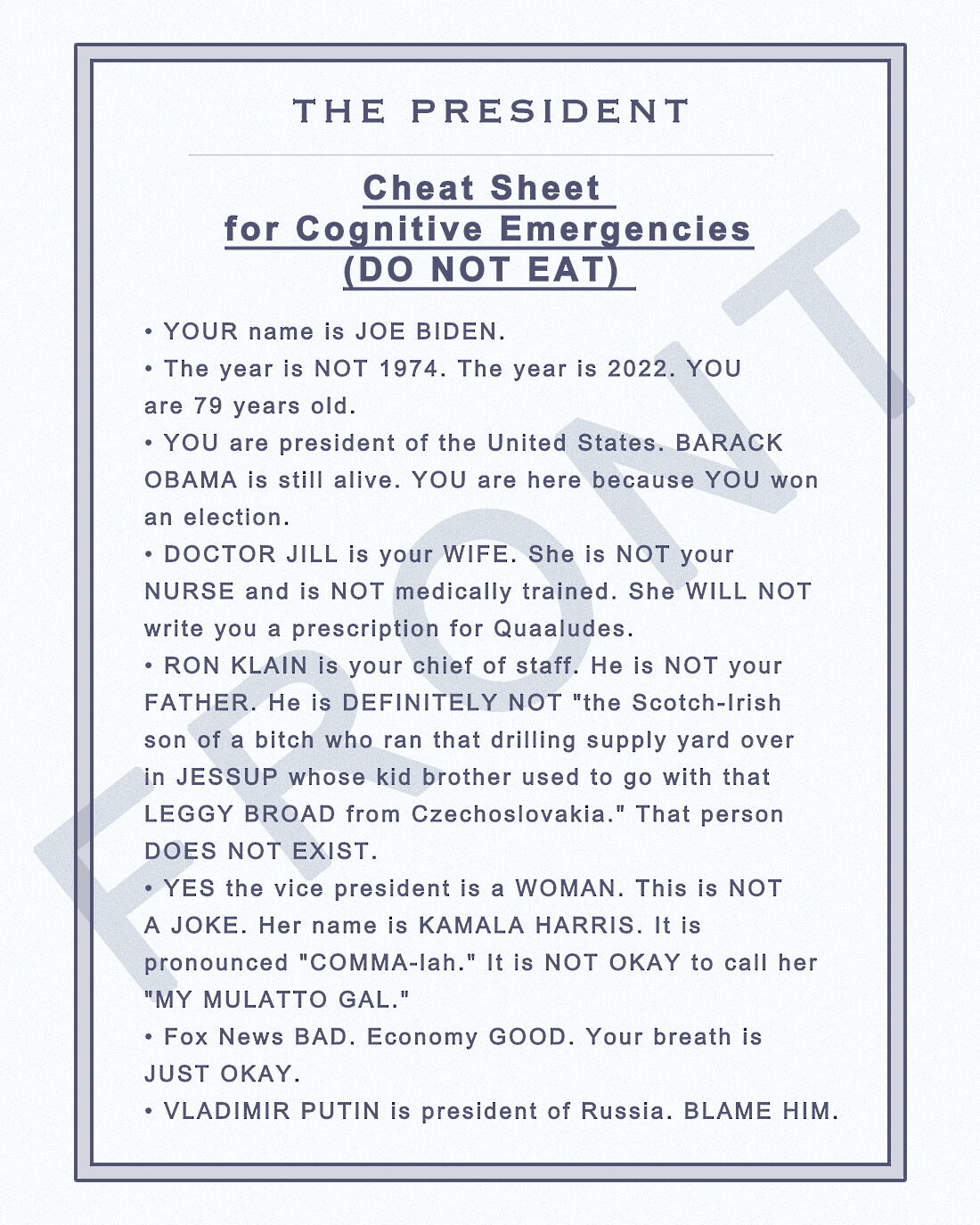 satire biden press conference cheat sheet