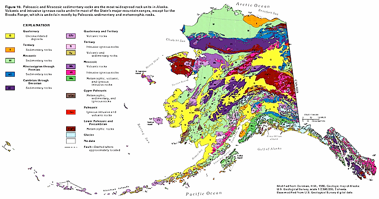 Geological map of Alaska showing various exotic terranes.