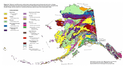 Geological map of Alaska showing various exotic terranes.