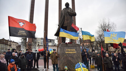 Click to enlarge The monument to Stepan Bandera in Lviv.