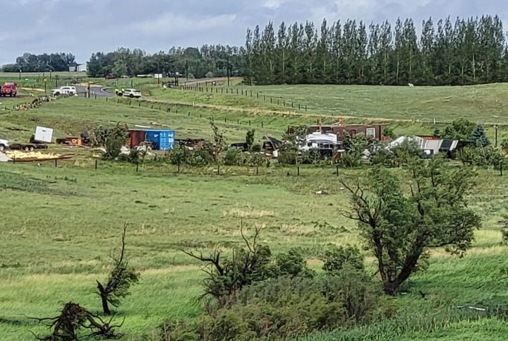 A view of an area near Range Road 73 and Township Road 122 in southeastern Alberta on July 18, 2022. A powerful storm ripped through the region, damaging a number of homes.