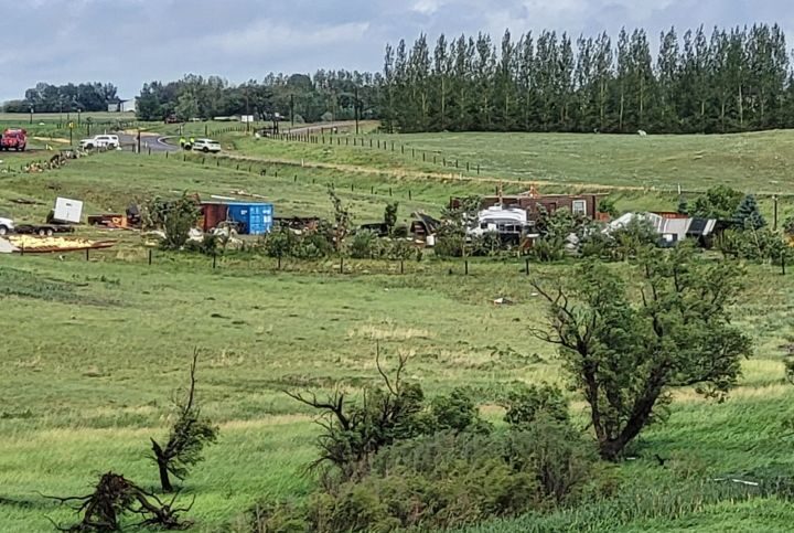 Click to enlarge A view of an area near Range Road 73 and Township Road 122 in southeastern Alberta on July 18, 2022. A powerful storm ripped through the region, damaging a number of homes.