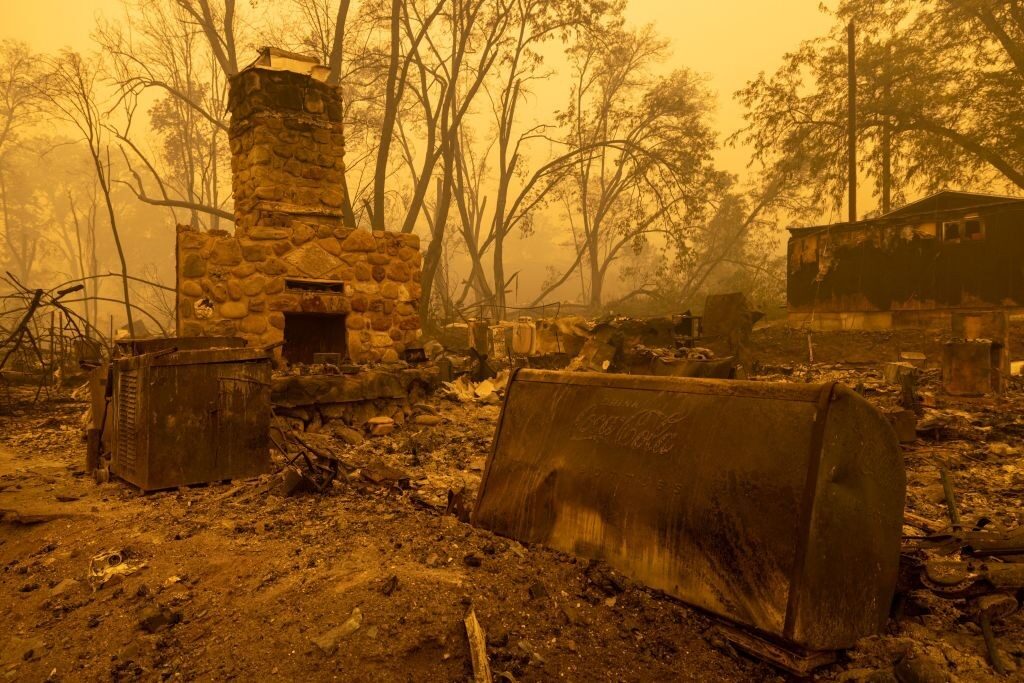 Click to enlarge the ruins of a property in the community of Klamath River, which burned in the McKinney Fire in Klamath National Forest, northwest of Yreka, California, on July 31, 2022.
