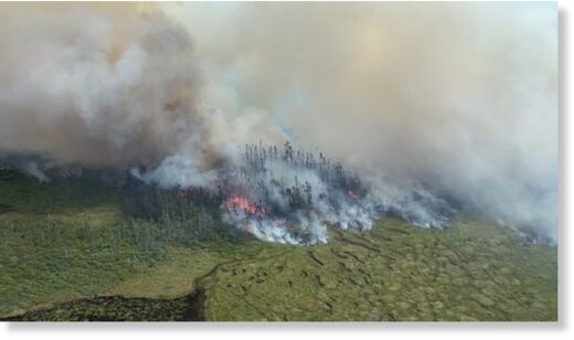 A forest fire rages near N.L.'s Bay d'Espoir Highway on Saturday, August 6, 2022.