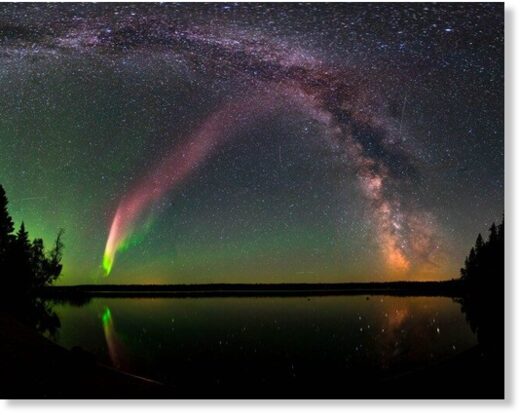 The aurora named STEVE (Strong Thermal Emission Velocity Enhancement) and the Milky Way at Childs Lake, Manitoba, Canada
