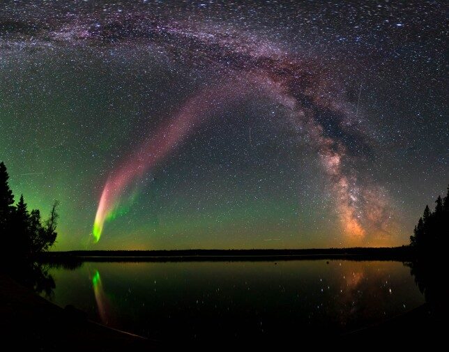 Click to enlarge The aurora named STEVE (Strong Thermal Emission Velocity Enhancement) and the Milky Way at Childs Lake, Manitoba, Canada