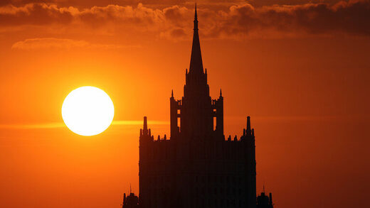 Russian Foreign Ministry's building in Moscow is silhouetted against the setting sun