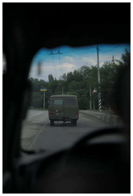 A Ukrainian army vehicle on the road to Dnipro.