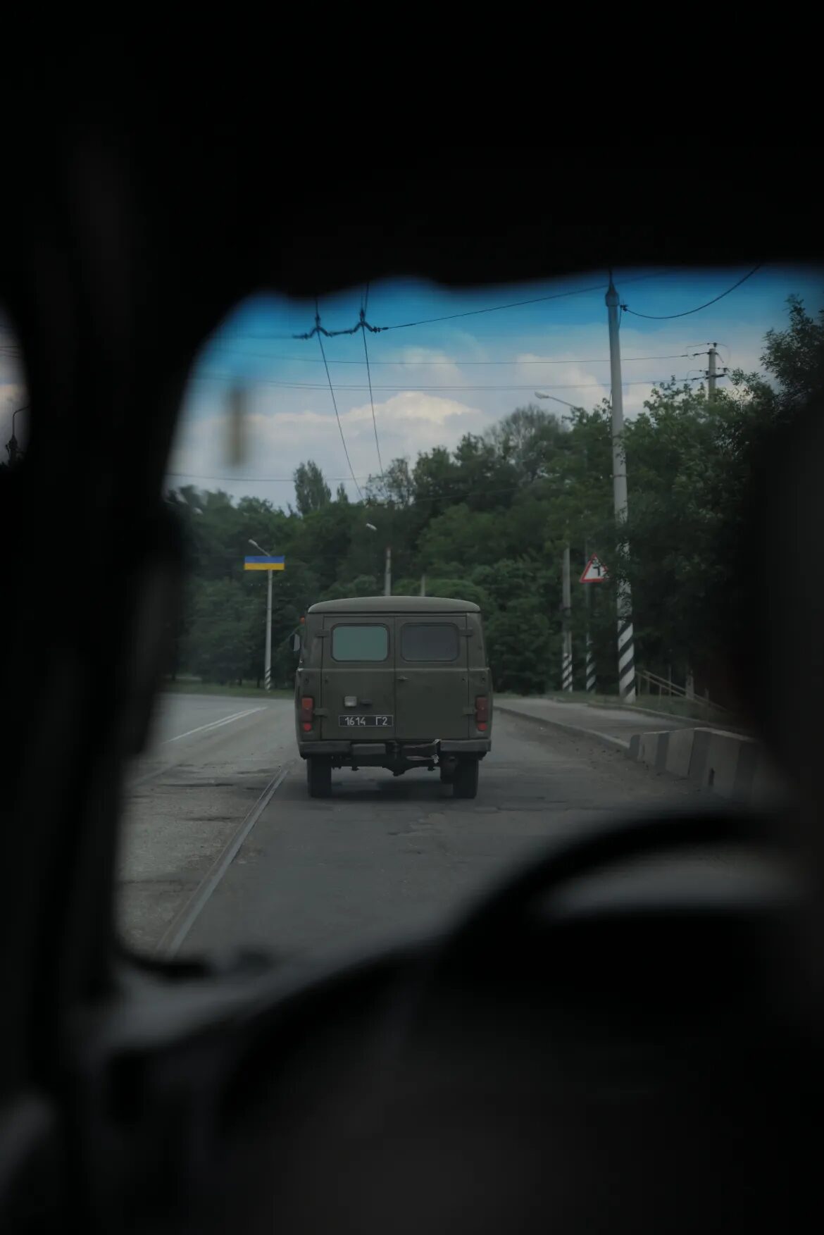 A Ukrainian army vehicle on the road to Dnipro.