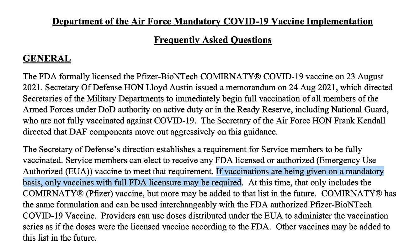 mandatory vaccine military pentagon memo
