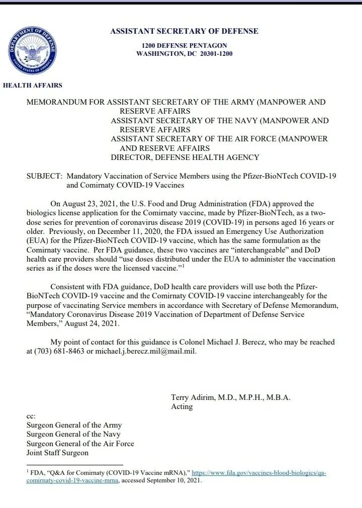 pentagon mandatory covid military