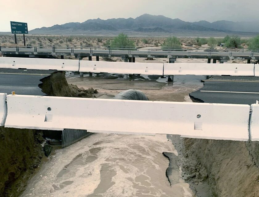 A flash flood washed out the eastbound lanes of Interstate 10 about 16 miles east of Desert Center near the California-Arizona border Wednesday night.