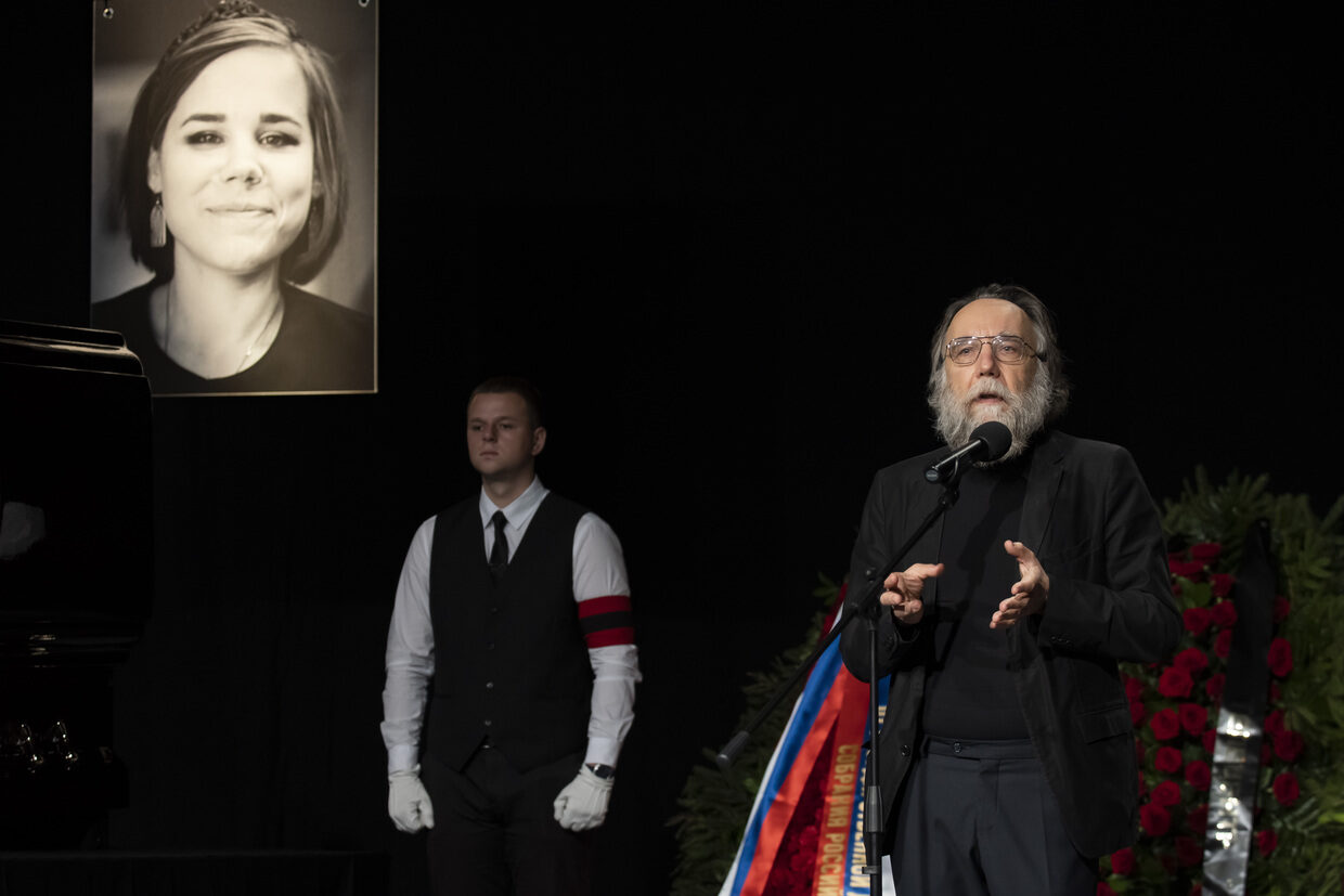 Russian sociologist and philosopher Aleksandr Dugin makes a speech as he attends a funeral ceremony