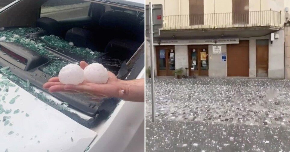 Click to enlarge People’s windshields were shattered as huge hailstones pummeled Catalonia
