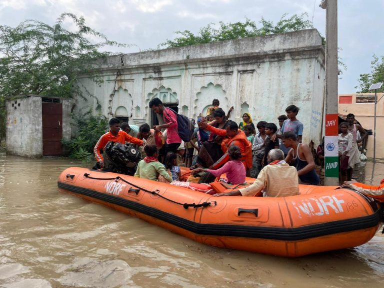 Flood rescue in Auraiya, Uttar Pradesh, India,