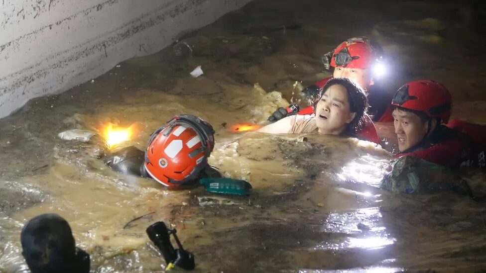 Crew said they rescued two people, who reportedly survived by clinging to ceiling pipes for over 12 hours