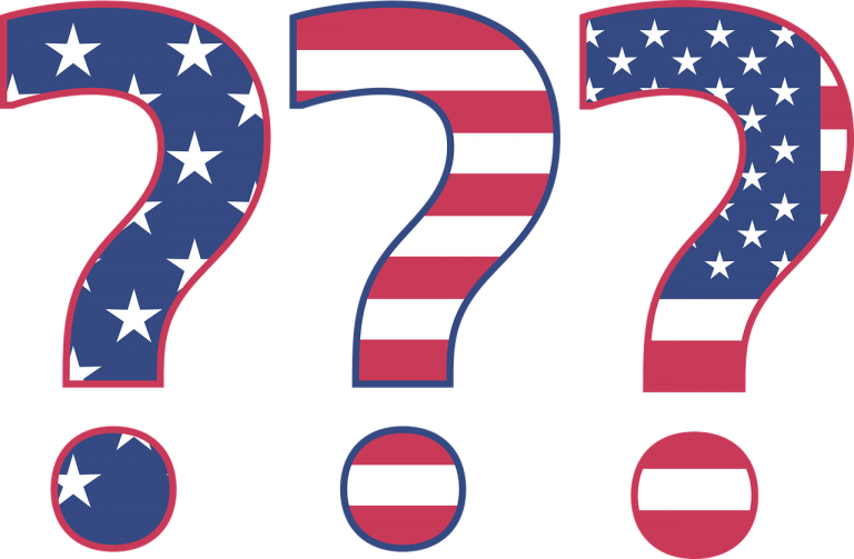 red white and blue question marks