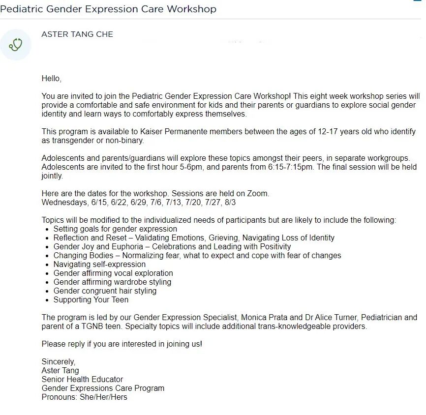 pediatric gender expression care workshop