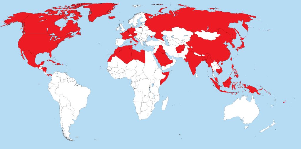 Map of countries where the United States has fought in or occupied. Excludes air strikes and special forces operations