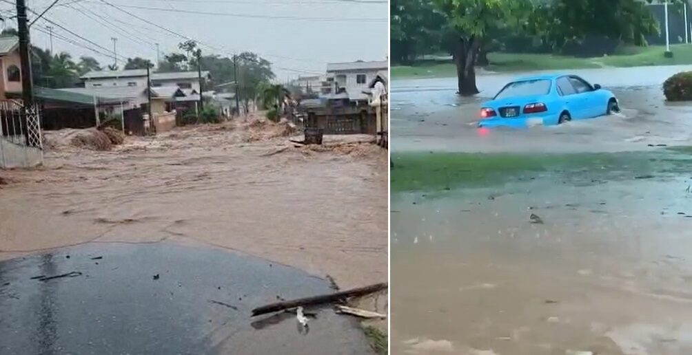 looding in Trinidad courtesy the ODPM (L), car drives through floods near UWI St Augustine's Campus (R).