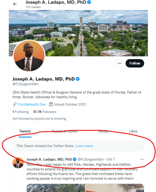 Surgeon General Dr. Joseph Ladapo Twitter profile