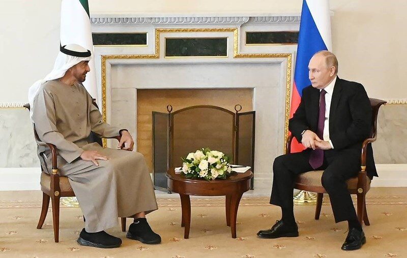 Click to enlarge UAE President Sheikh Mohammad bin Zayed Al Nahyan and Russian President Vladimir Putin