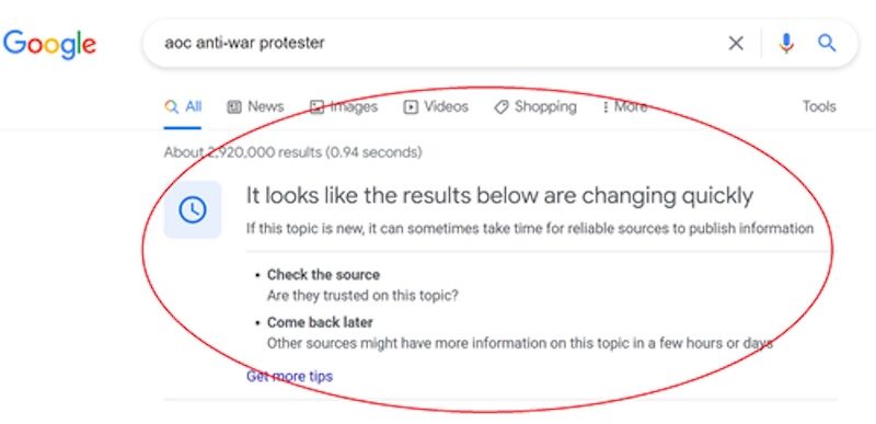 Click to enlarge Google search of the AOC encounter with protesters