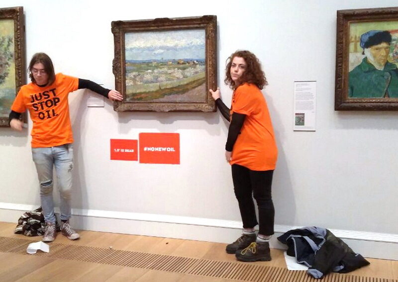 Two protesters from the group Just Stop Oil glued themselves to a frame of a Vincent Van Gogh painting at the Courtauld Gallery in London. (all images courtesy Just Stop Oil)