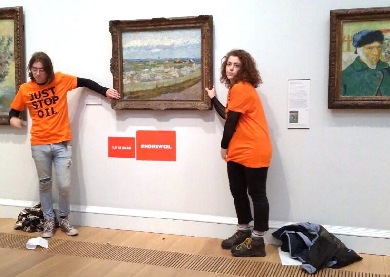 Click to enlarge Two protesters from the group Just Stop Oil glued themselves to a frame of a Vincent Van Gogh painting at the Courtauld Gallery in London. (all images courtesy Just Stop Oil)