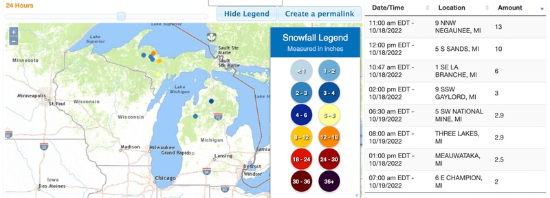 Snowfall reports from National Weather Service cooperative observers.