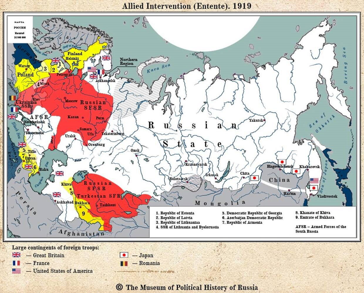 Click to enlarge map russia civil war western interference bolsheviks white russian america japan britain