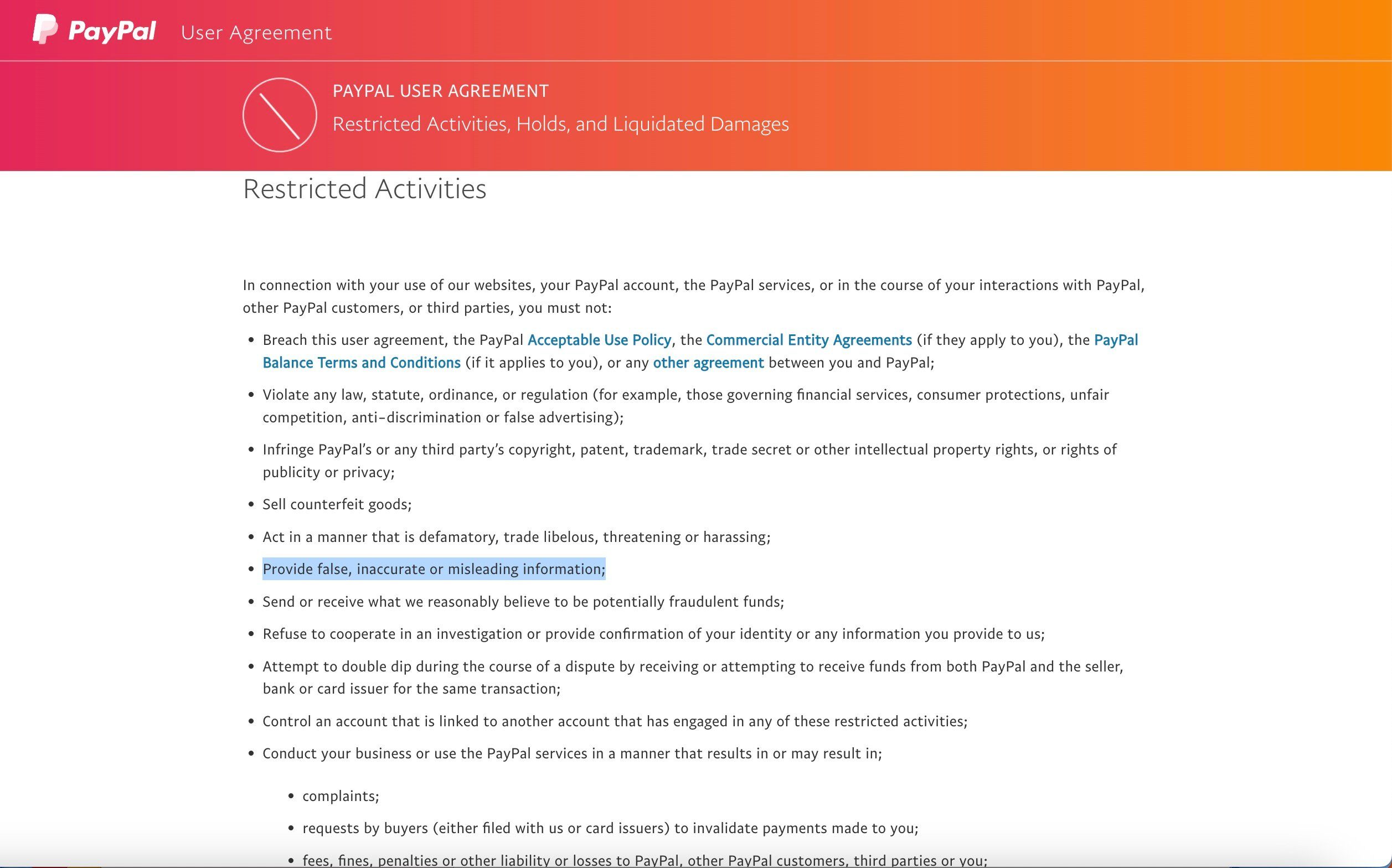 paypal user agreement