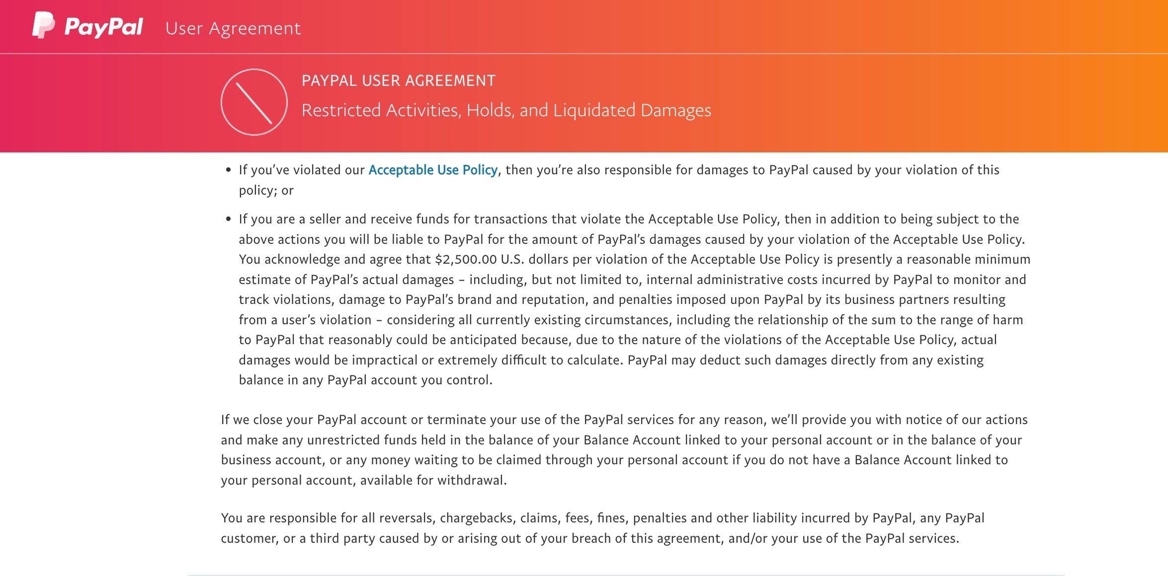 paypal user agreement 2500 fine