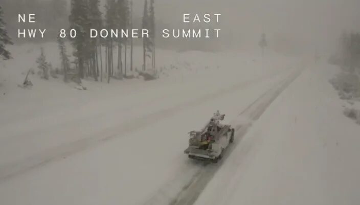 Heavy snow atop Donner Summit along Interstate 80 in California on Nov. 8, 2022.