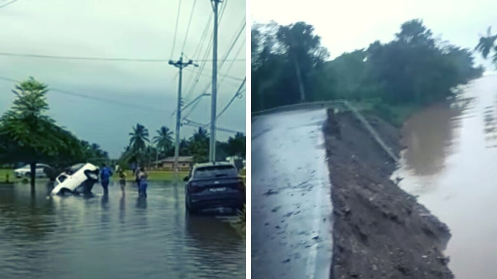 L-R: Flooding in South Trinidad; flooding in Marianne, North Coast, Trinidad.