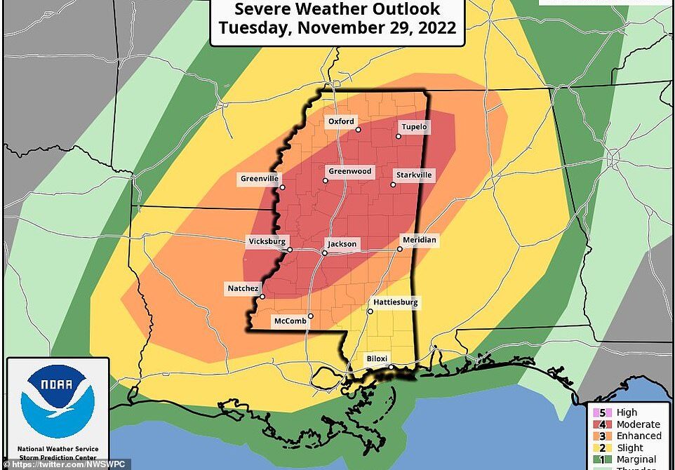 Click to enlarge There are severe storm warnings in place across the Deep South, with Mississippi set to bear the brunt of the tornadoes and flooding along with and Louisiana and Alabama