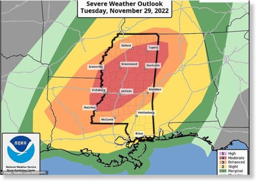There are severe storm warnings in place across the Deep South, with Mississippi set to bear the brunt of the tornadoes and flooding along with and Louisiana and Alabama