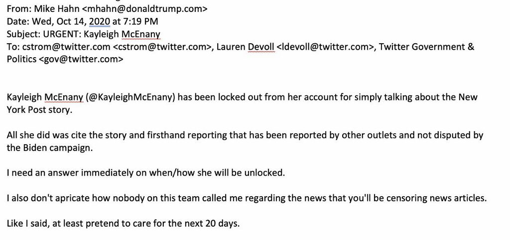 Click to enlarge mike hahn mcenany account suspended twitter complaint