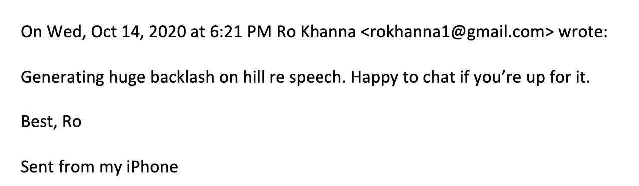Click to enlarge ro Khanna free speech email twitter policy hunter laptop