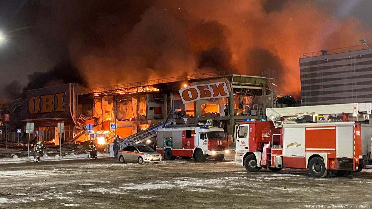The blaze has caused the roof of the large