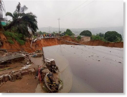 A road that was destroyed by heavy floods in Matadi Kibala,