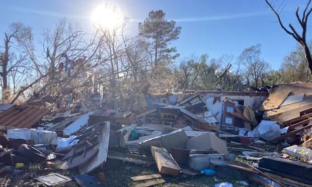 Debris is piled up following severe weather